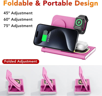 3 in 1 Foldable Charging Station for Apple Products,Wireless Charger for iPhone 17 16 15 14 13 12 Pro Max,Travel Dock Adapter&Light for iWatch Series 11 10 9 Ultra 3/2 SE 3/2,for AirPods 4 3 2 Pro 3/2