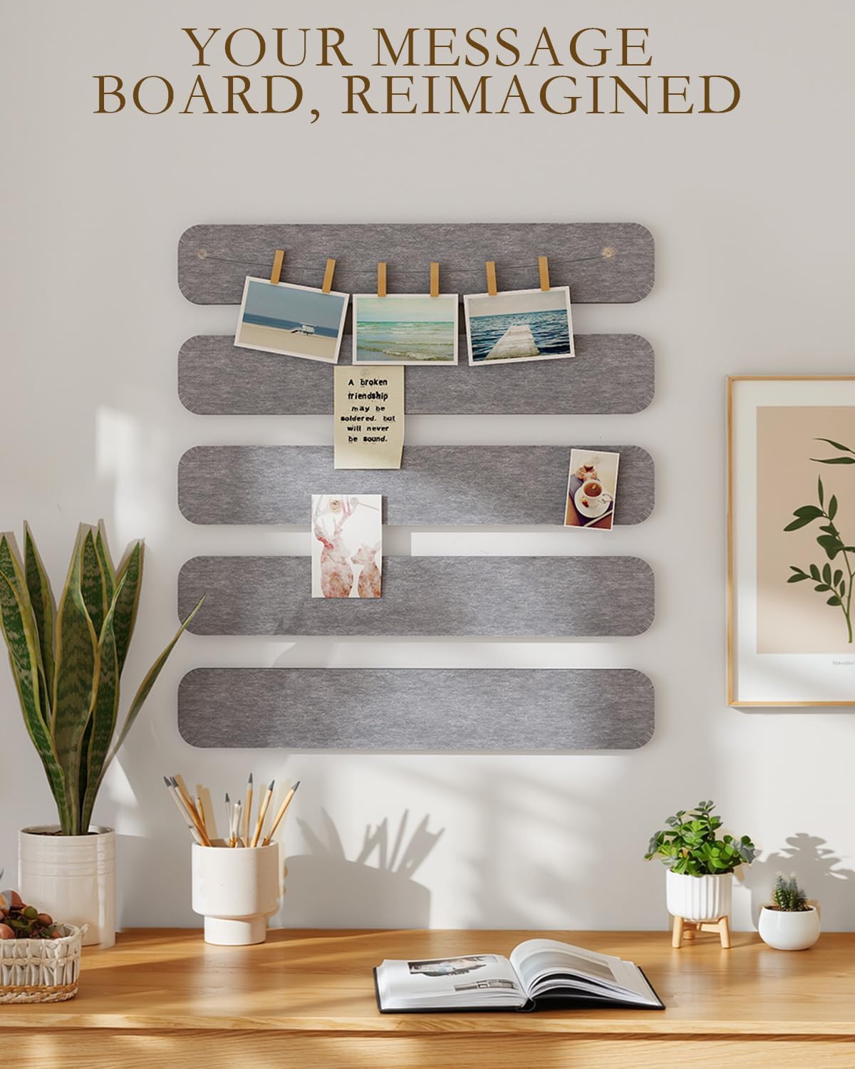 JBER Felt Strip Board 5 Pack 13"x2", Cork Board Alternative Pin Bulletin Board, Self-Adhesive Vision Board with 25 Push Pins for Walls, Office & Home Decor(Light Camel)