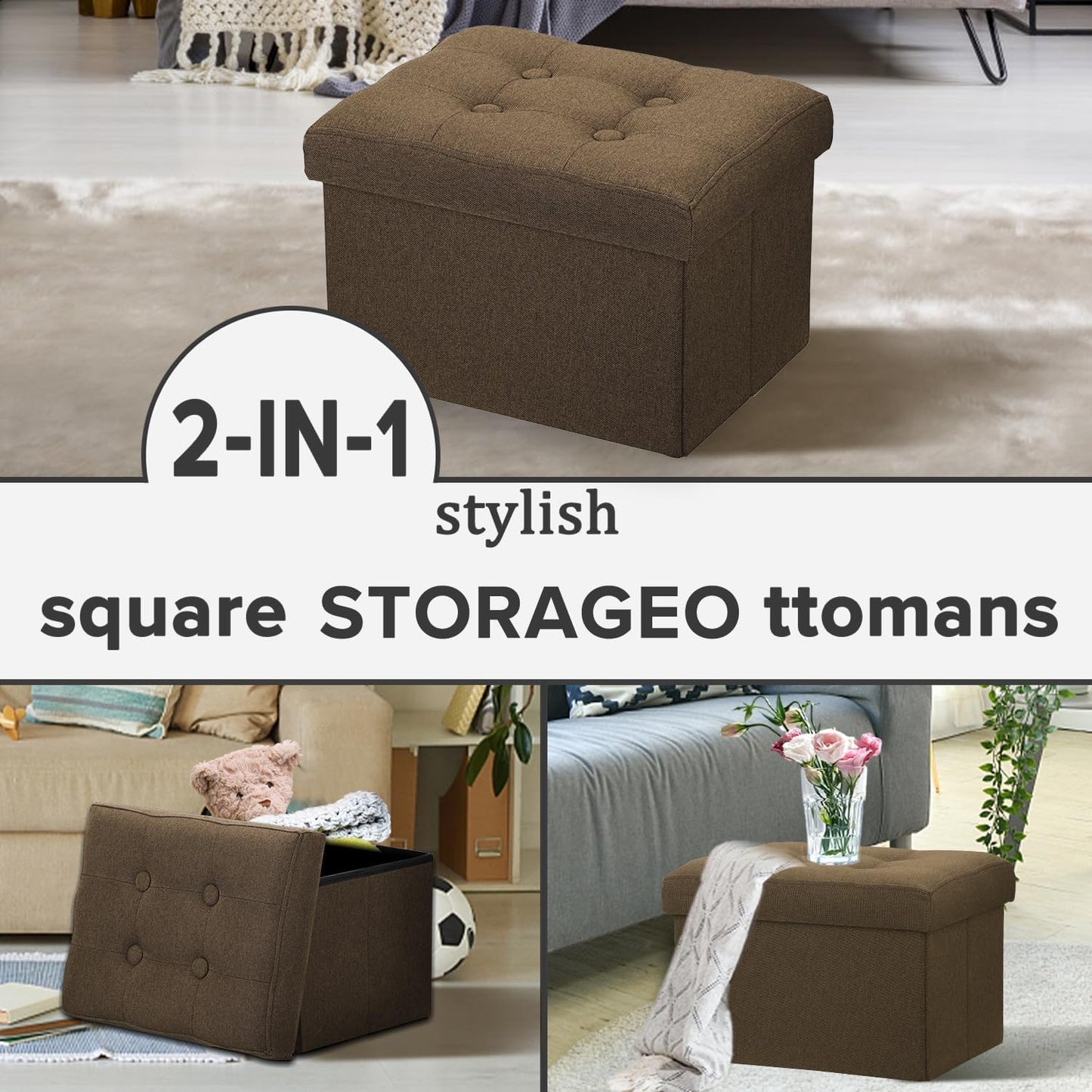 LINMAGCO Ottoman Storage Ottoman with Storage Small Foot Rest Stool Under Desk Stool Short Folding Footrest Linen Cloth Dark Gray 16X12X12IN