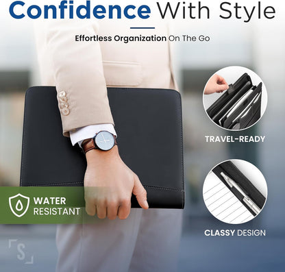 STYLIO Zipper Padfolio Portfolio Binder Organizer | Faux Leather Portfolio for Resume, Documents, Phone, Tablet, Business Supplies and Cards | Notebook Organizer with Letter Sized Notepad Included