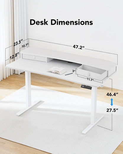 HUANUO 48″ x 24″ Electric Standing Desk with 2 Drawers, C-Clamp Mount Compatible, Height Adjustable Computer Desk, Home Office Stand Up Desk with 4 Preset Heights & 2 Hooks, Black