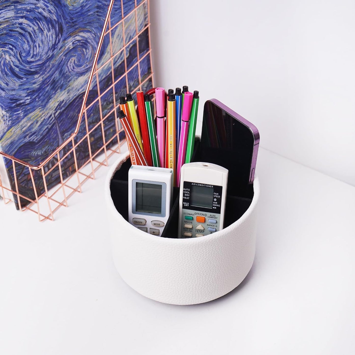 Round Leather Art Supply Organizer,Remote Control Holder,360 Degree Rotating,Multi-Functional Pencil Holder,4 Compartments Desktop Stationary Organizer(1-Fractal Flower) | Round - Colors C