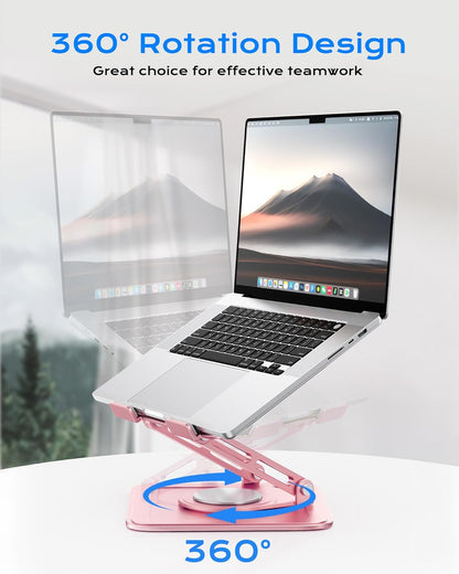 LOXP Adjustable Laptop Stand, Computer Stand with 360 Rotating Base, Ergonomic Laptop Riser Mount for Desk Foldable Protable Computer Desk Fits with MacBook Pro Air (10-16") - Pink