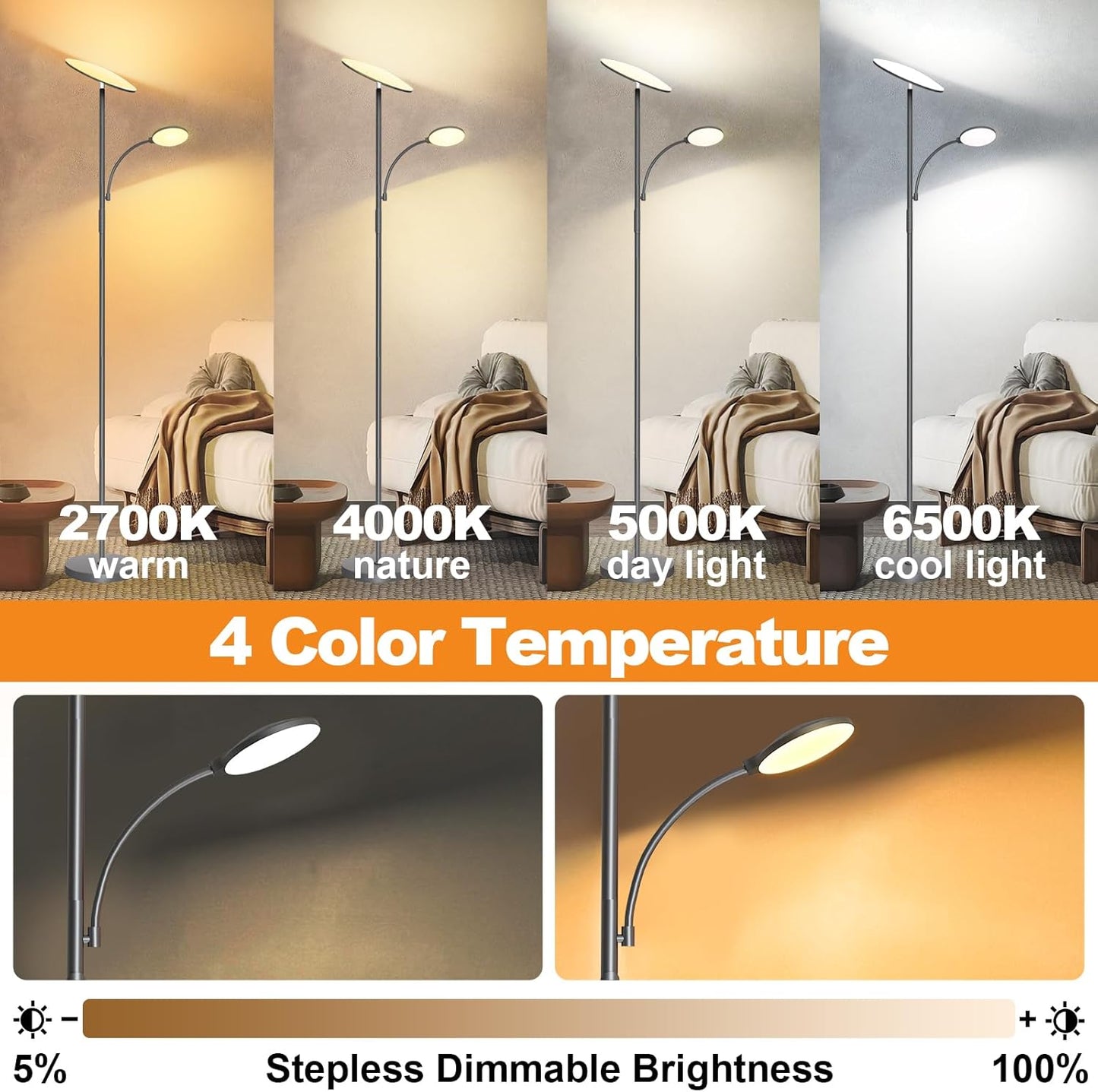 marctronic Floor Lamps for Living Room, 44W/4500LM Super Bright 2 in 1 LED Floor Lamp with Remote, Stepless Dimmable, 69" Tall Standing Floor Lamp with Bendable Reading Light for Bedroom Office