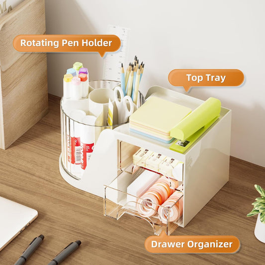 Marbrasse Desk Organizer with 2 Drawer, 360°Rotating Pen Holder, Desk Organizers and Accessories with 6 Slots Pencil Holder + 2 Drawer, Art Supply Storage Box Caddy for Office (Black)