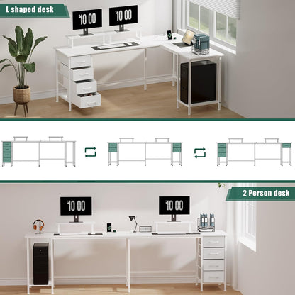Korfile 59 inch L Shaped Computer Desk with Power Outlets, Home Office Desk with 4 Adjustable Storage Drawers & 2 Monitor Stands, Two Person Gaming Table for Bedroom, Black