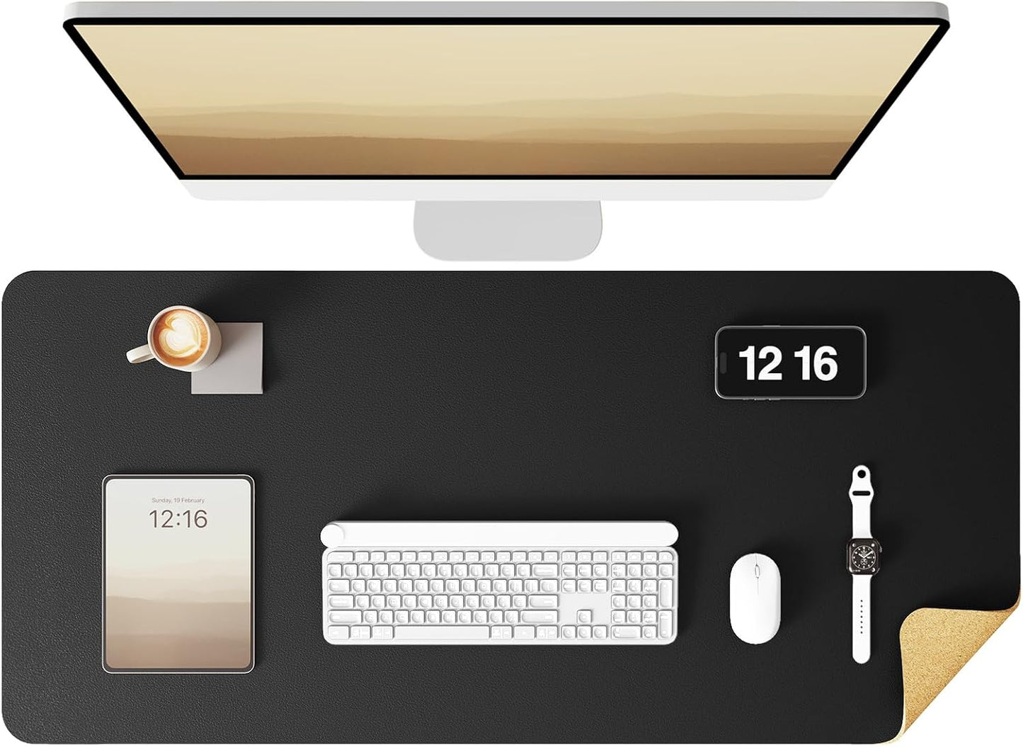 YSAGi Double-Sided Desk Pad, 31.5"x15.7"Leather Desk Mat, Eco Cork Desk Pad Protector,Large Mouse Pad,Waterproof Desk Blotter for Office/Home(Coffee)