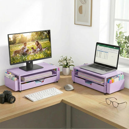 ECOLOVI Desk Organizer and Accessories, 2-Tier Computer Monitor Stand Rise with Storage Drawer & 2 Pen Holders, Laptop & Printer Stand for Desktop, Workspace Organizers for Office Supplies (Brown)