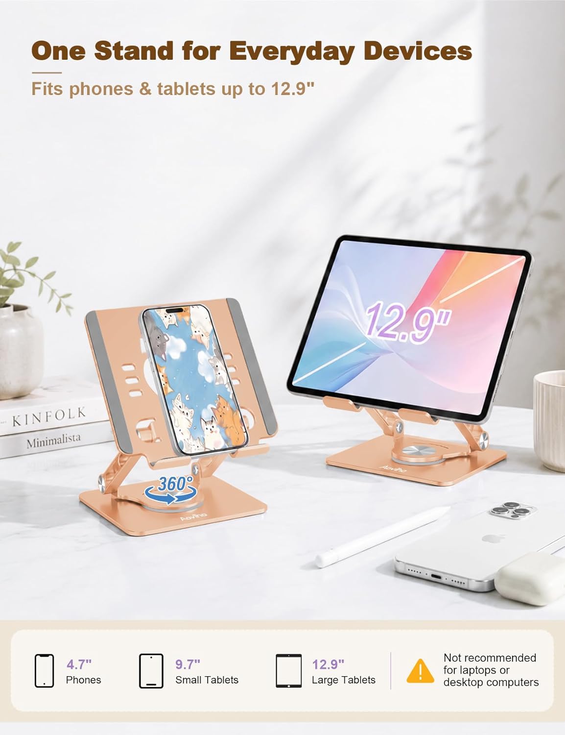 Aoviho Tablet Stand 360° Rotating Aluminum Holder - Adjustable, Portable & Foldable Monitors Stand for iPads, Compatible with 4-13.3" Tablets, Purple
