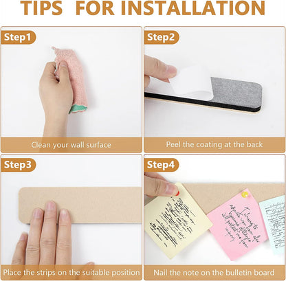 Felt Pin Board Bar Strips Bulletin Board for Bedrooms Offices Home Wall Decoration, Notice Board Self Adhesive Cork Board with 35 Push Pins for Paste Notes, Photos, Schedules