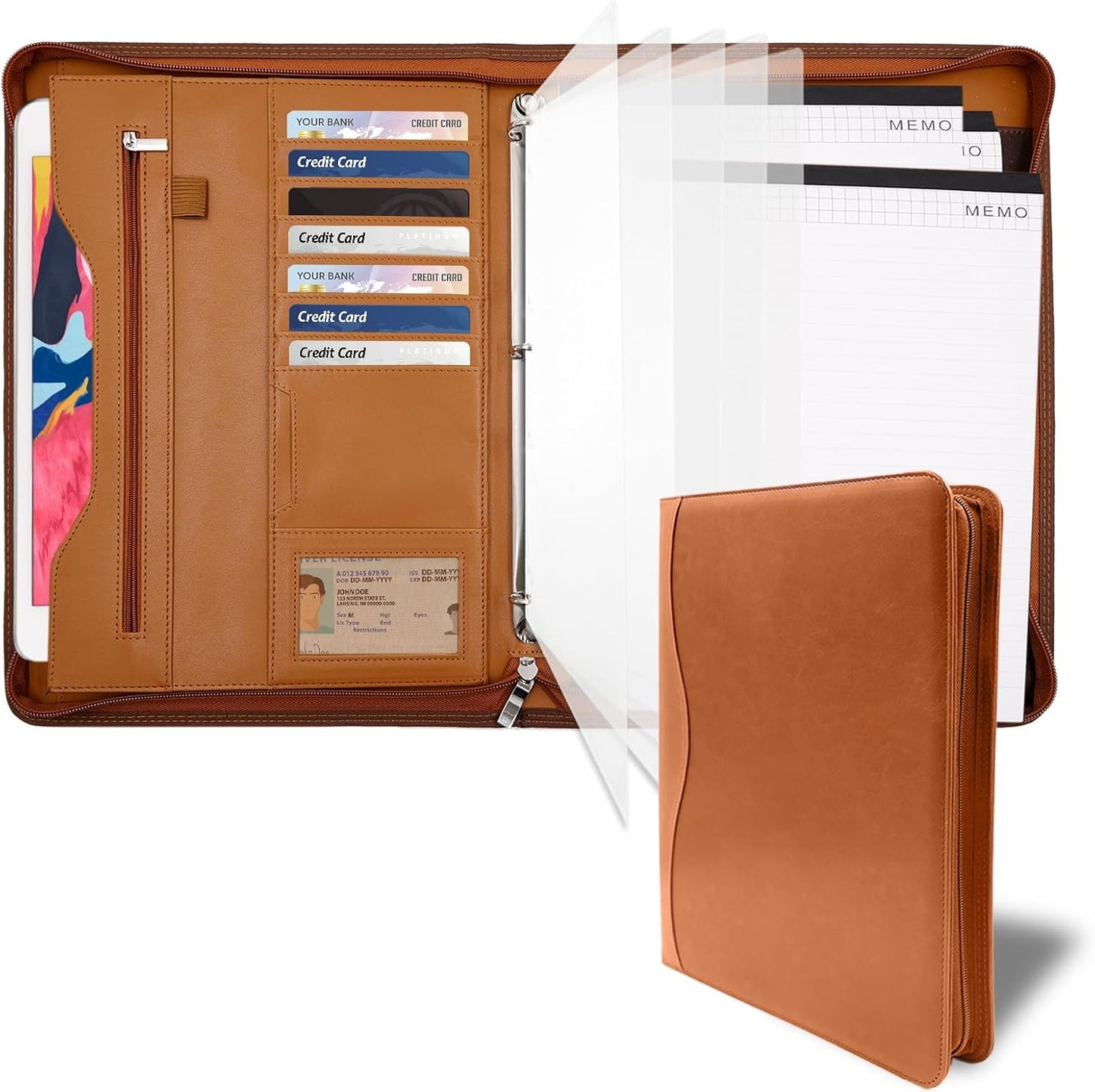 Padfolio Portfolio Folder Binder-Organizer Planner Notebook Zippered Portfolio Padfolio for Women & Men with Document Sleeve,Letter/A4 Size Clipboard,Business Card Holders (Brown Leaf)