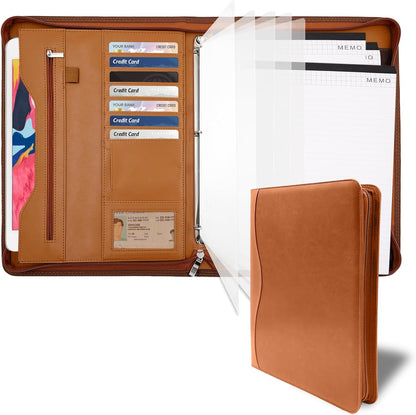 Padfolio Portfolio Folder Binder-Organizer Planner Notebook Zippered Portfolio Padfolio for Women & Men with Document Sleeve,Letter/A4 Size Clipboard,Business Card Holders (Brown Leaf)
