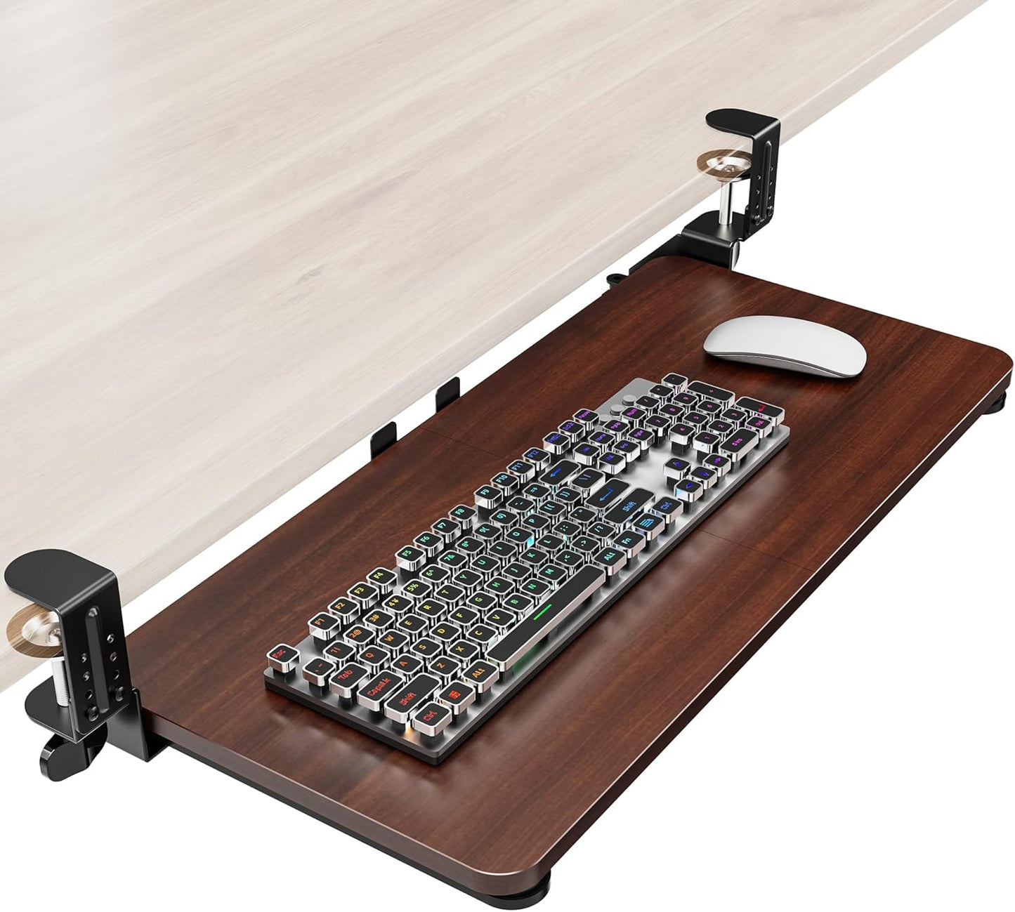 Ergonomic Mouse & Keyboard Tray Under Desk, Pull Out with Adjustable C-clamp, 20 (25.9 Including Clamps) x 11.8 Inch Slide Out Computer Keyboard Drawer Mouse Tray for Typing, Rustic Brown