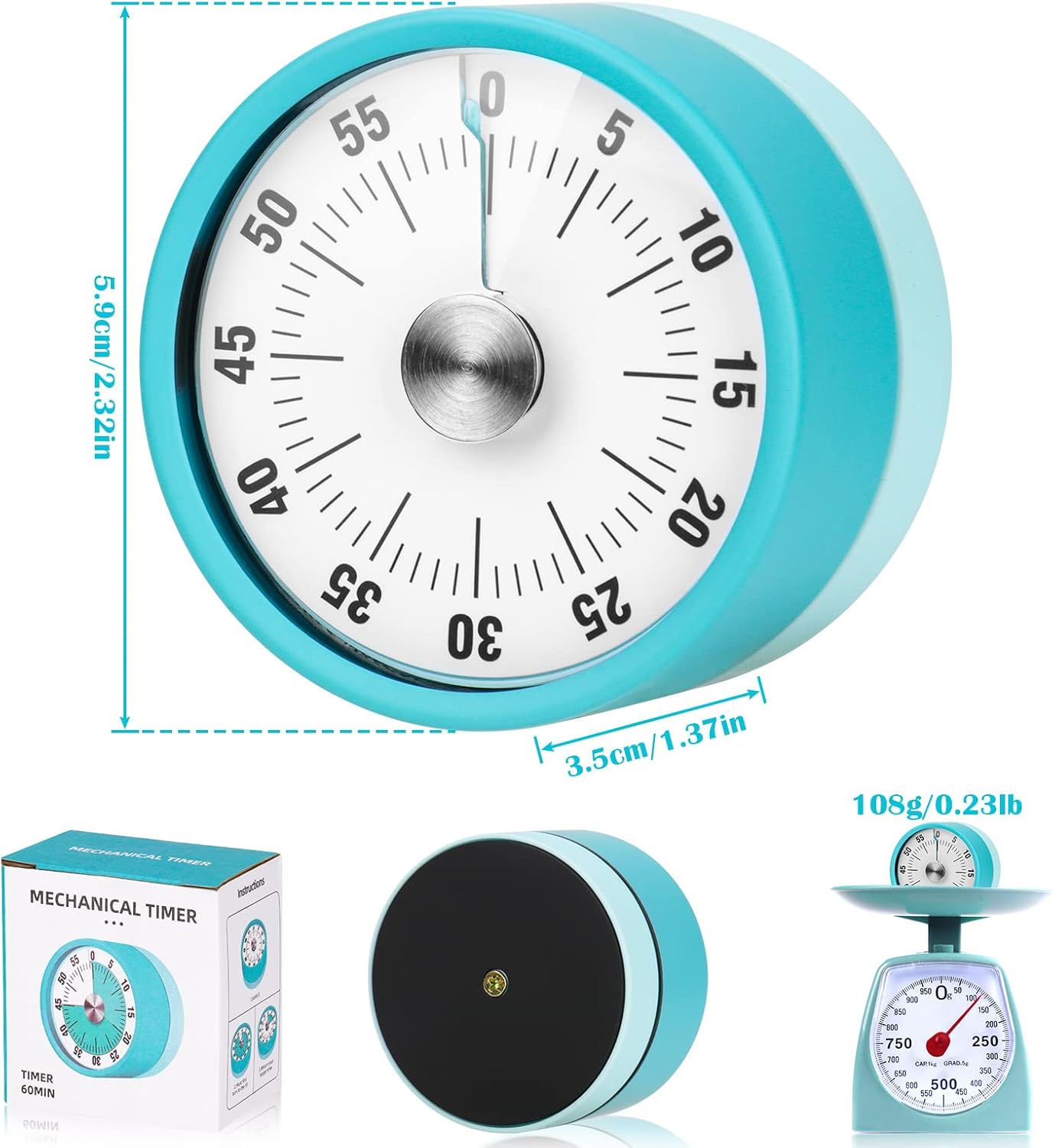 Kitchen Timer, 60-Minute Visual Timer for Kids & Adults, Wind Up Timer with Magnetic Backing, Loud Ring Timers for Classroom, Study, Cooking, Exercise