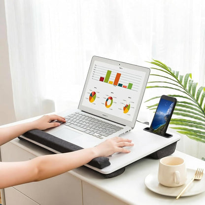 Lap Desk Home Office Lap Desk Portable Laptop Desk for Left Right - Handers with Whole Mouse Pad Wrist Pad Dual Cushion Phone Tablet Slots Fits Up to 17 Inch Laptops