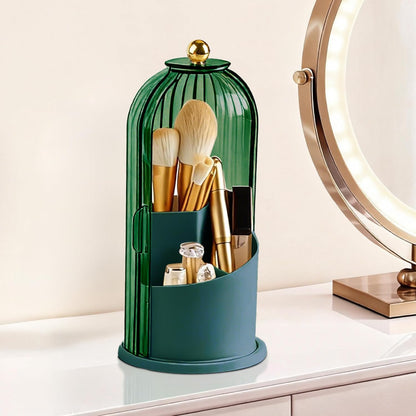 Hvygss 360° Rotating Makeup Brush Holder with Lid, Waterproof Three-Compartment Makeup Organizer, 180° Side-Pull Door Desk Organizer, Dustproof Brush Holder for Vanity and Bathroom (Transparent)