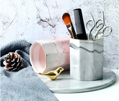 Pen Holder, Pencil Holder for Desk, Marble Desk Organizer Cute, Durable Ceramic Pencil Cup, Decorative Makeup Brush Holder Cup, Stationery Holder for Office, Home, Gray Marble