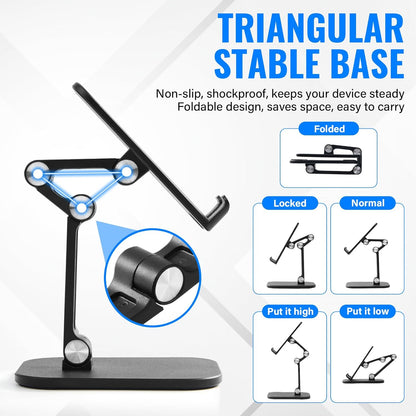 Foldable Desk Phone Stand, Adjustable Phone Holder, Heavy Non-Slip Base, Charging Hole, Thick Case Friendly Cradle for Most Smartphones, iPhone Samsung iPad Tablet Home Office Travel