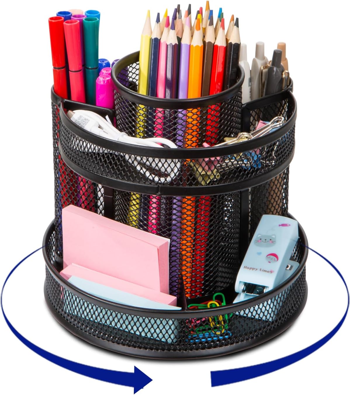 Comix 360° Rotating Pen Holder for Desk, 5 Compartments Office Desk Organizer, Black Mesh Metal Pencil Holder Cup for Office Home School