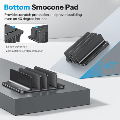OMOTON Vertical Laptop Stand [Updated Double Version], Desktop Aluminum Mac Book Stand with Adjustable Dock Size, Fits All Mac Book, Surface, Chrome Book and Gaming Laptops (Up to 17.3 inch) (Black)