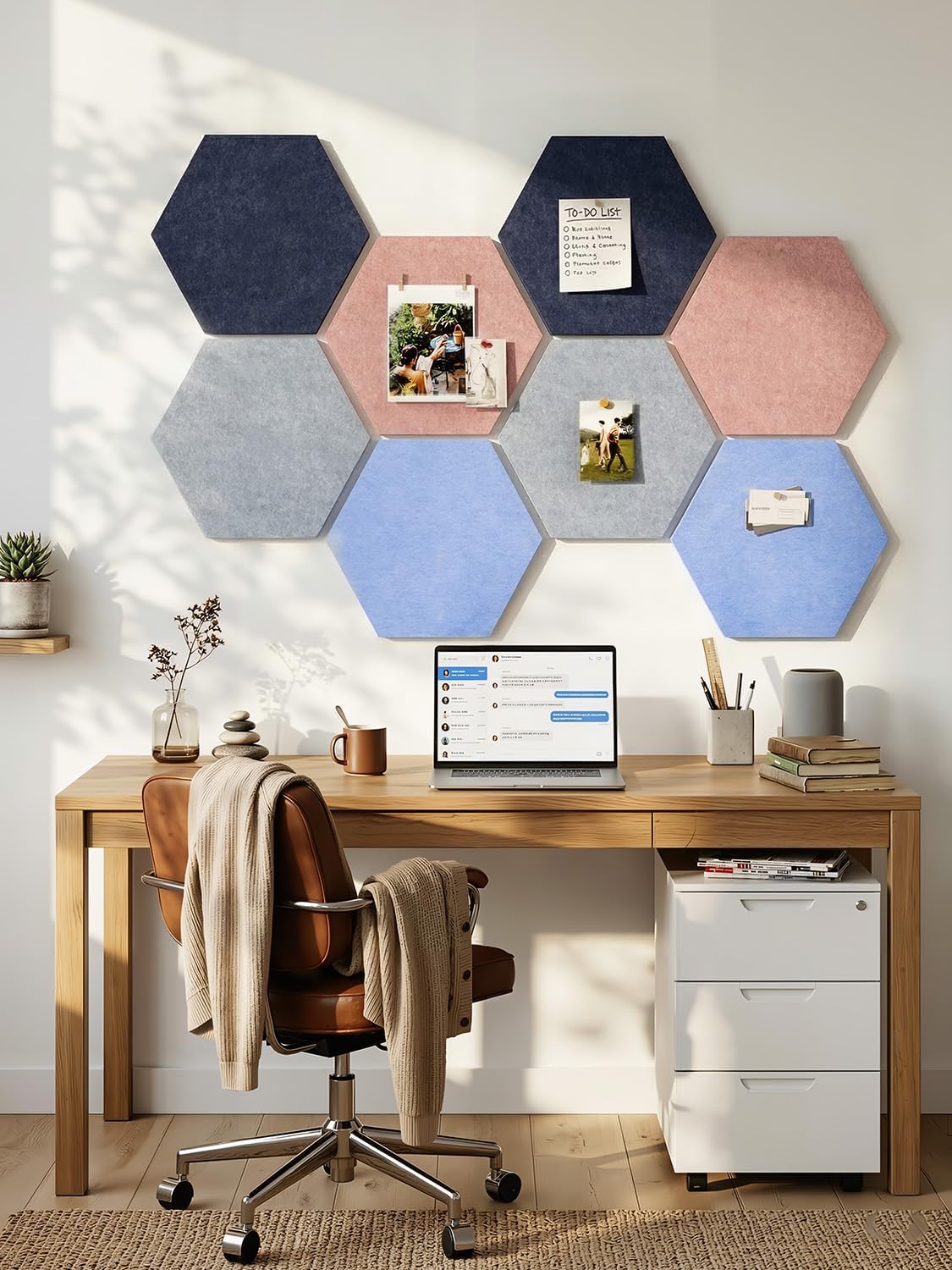 8 Pack Hexagon Felt Bulletin Board Tiles - 12" Large Thick Pin Board for Walls with 30 Push Pins, DIY Boards for Office Home School Decor, Aesthetic Hex Cork Board Alternative