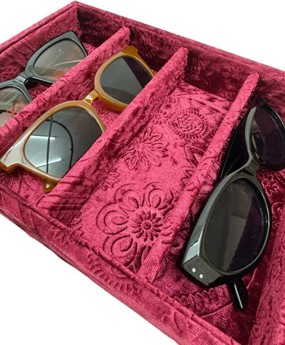 AgentMoon 5-Compartment Velvet Sunglasses & Jewelry Organizer Tray – Adjustable Dividers, Sturdy Wood, Non-Slip Storage for Watches, Glasses, Bracelets, Desk or Drawer.(Tabby Red)