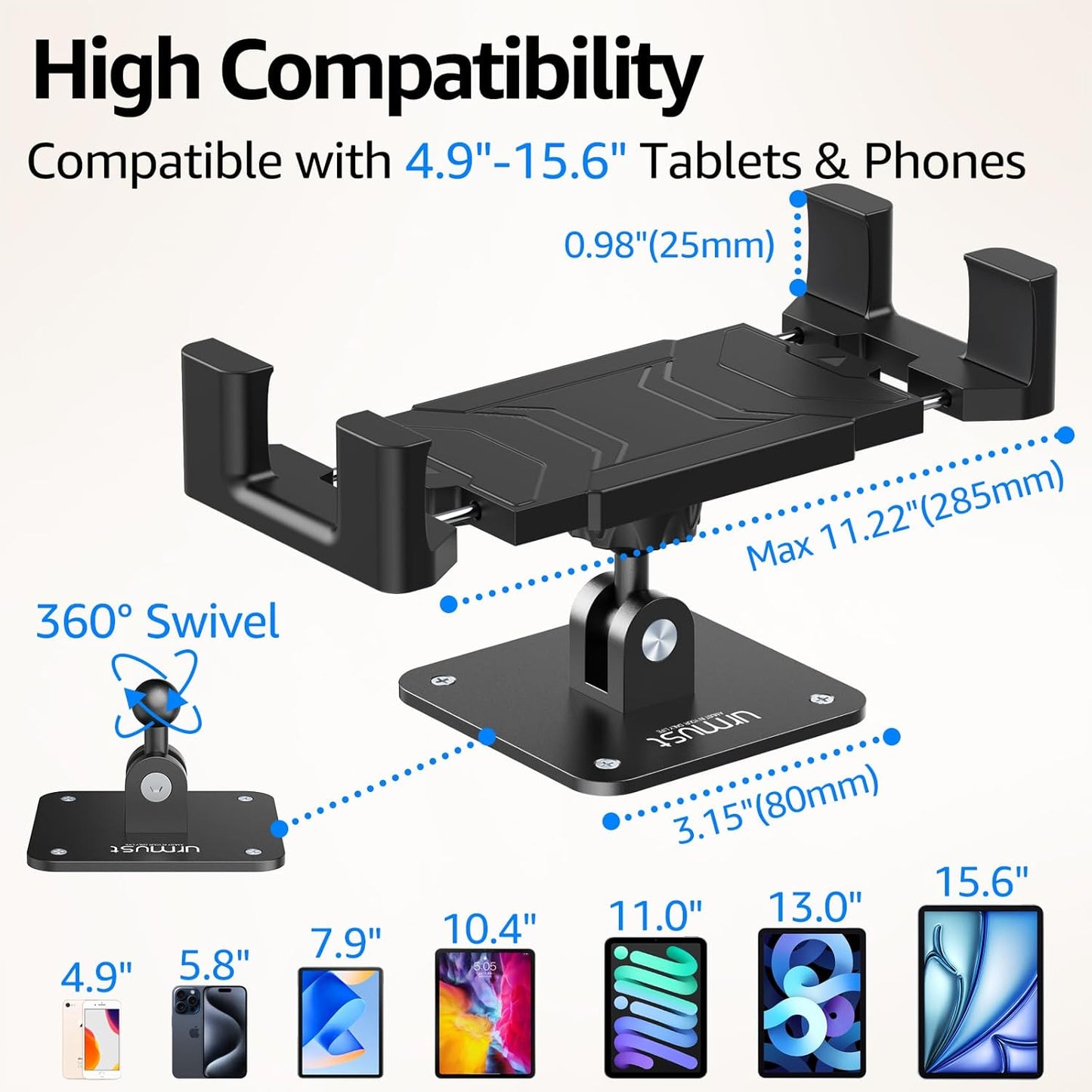 Urmust Tablet Stand for Desk, Adjustable iPad Holder for Bed, 360° Rotation, Sturdy Aluminum Tablet Arm Mount for 4.7"-15.6" iPad Pro/Air/Mini, iPhone, Galaxy Tab, for Kitchen, Work, Video Call