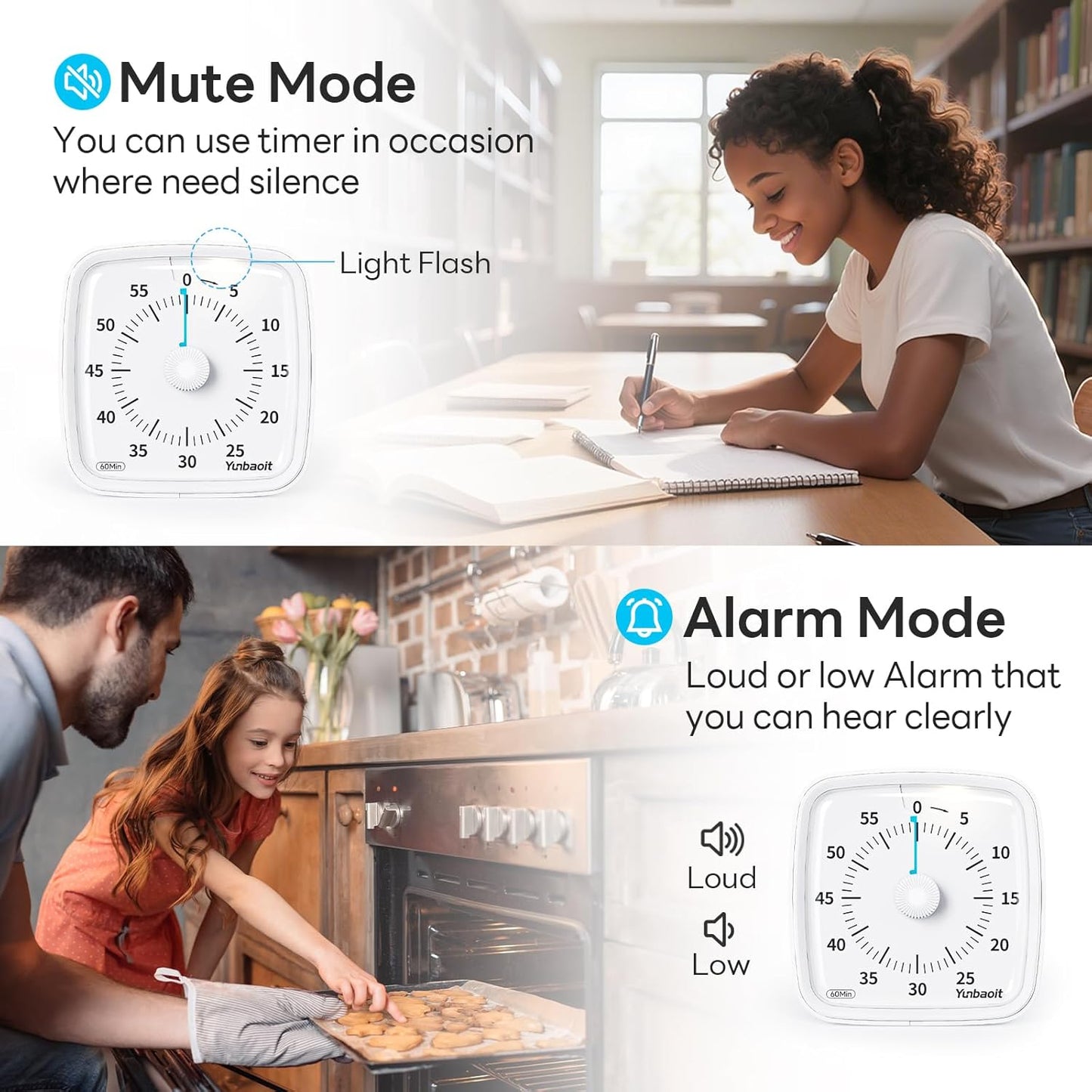 Yunbaoit Visual Timer with Night Light, 60-Minute Countdown Timer for Kids and Adults, Silent Classroom Timer, Time Management Tool for Home, School, or Work (Light Blue)