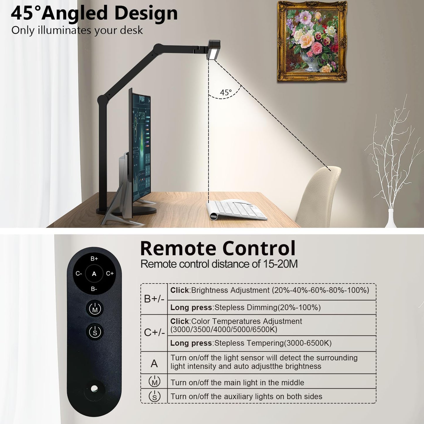 Micomlan Architect Desk Lamp for Home Office, 24W Adjustable Led Desk Light with Remote, 1500LM Bright Dimmable Computer Table Light Rotatable Office Lamp with Base for Cafting Monitor
