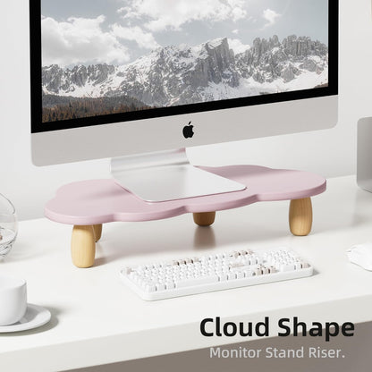 AFOOYO Monitor Stand Riser,Cloud-Shaped Sturdy Wood 16.5In Computer Monitor Riser Wirh Drawer, Multi-Purpose Desktop Organizer Riser for Computer,Laptop,Printer,TV,White