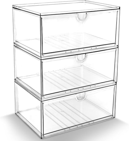 Prsildan Acrylic Drawer Makeup Organizer with 6 Drawers (Not for Baby Bottle), Set of 2 Office Desk Organizers Accessories, Clear Stackable Storage Drawers for Vanity, Craft (Largest Drawer 4" Tall)