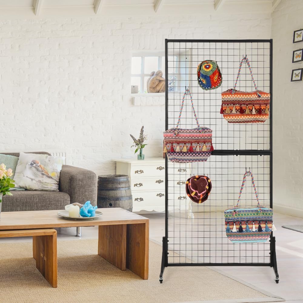 3 Packs 1.8' x 5.7' Grid Wall Panels Standing Wire Grid, Display Rack with T-Base Wheels Freestanding Gridwall Panel Tower for Shows, Black