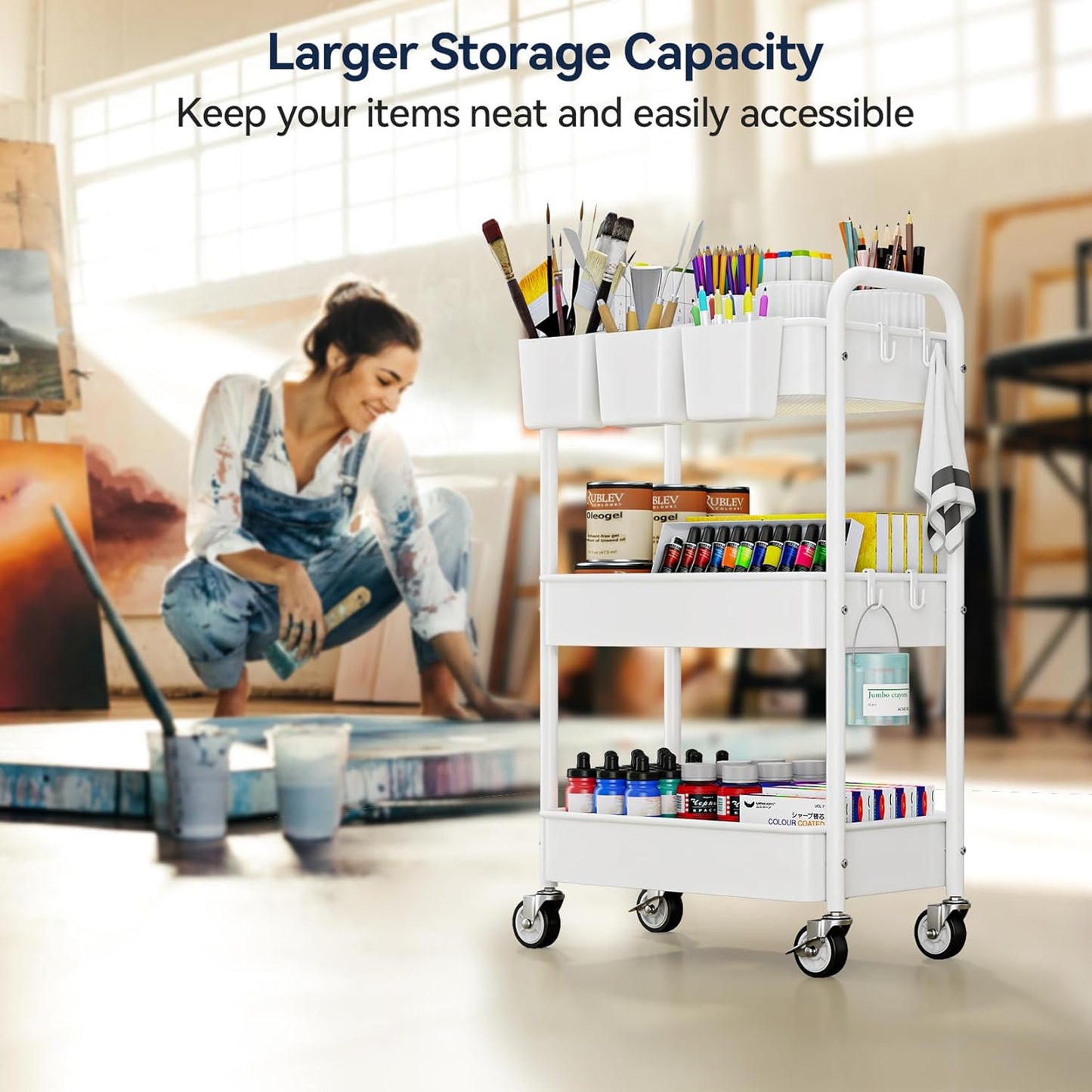 YASONIC 3 Tier Rolling Cart - Metal Utility Cart with Wheels, Hanging Cups, Hooks, Heavy Duty Mesh Rolling Storage Cart Organizer, Craft Cart for Kitchen Office, Lightweight and Sturdy