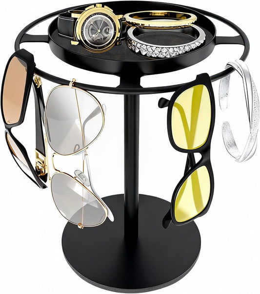 LSK Metal Sunglasses Organizer, Glasses Holder Stand with Storage Tray, Eyeglasses Holder with Anti-Slip Pads for Tabletop, Desk, Dresser, Matte Black