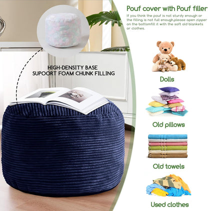 HIGOGOGO Round Stuffed Pouf Ottoman, Corduroy Poufs with Foam Chunk Filling, Furry and Fluffy Pouf Foot Stool Storage Ottoman, 20 X 15 Floor Poufs Foot Rest for Living Room, Dark Grey