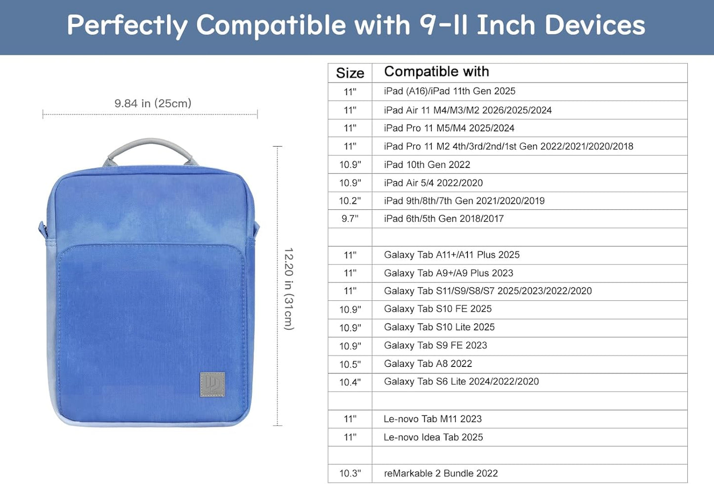 Dadanism 9-11 Inch Tablet Sleeve Bag Carrying Case with Shoulder Strap for iPad (A16) 11", iPad 10th Gen 10.9", iPad Air M4/Pro M5 11", iPad 9/8/7th 10.2", Galaxy Tab A11+ Plus 11", Cloudy Pink