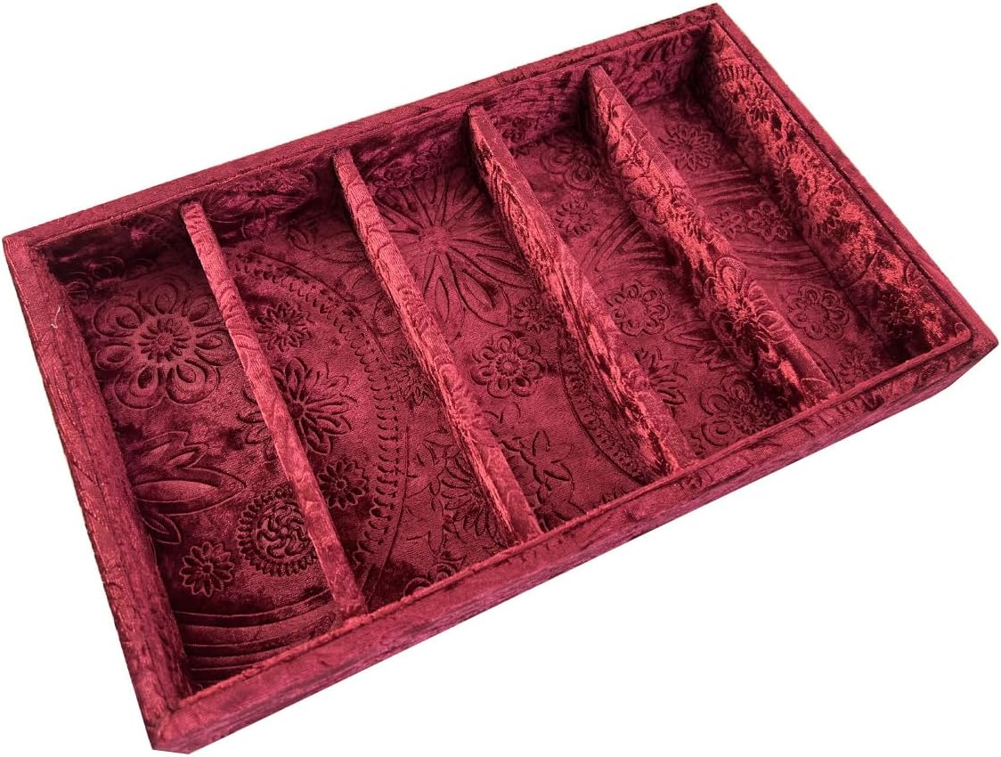 AgentMoon 5-Compartment Velvet Sunglasses & Jewelry Organizer Tray – Adjustable Dividers, Sturdy Wood, Non-Slip Storage for Watches, Glasses, Bracelets, Desk or Drawer.(Tabby Red)