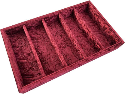 AgentMoon 5-Compartment Velvet Sunglasses & Jewelry Organizer Tray – Adjustable Dividers, Sturdy Wood, Non-Slip Storage for Watches, Glasses, Bracelets, Desk or Drawer.(Tabby Red)