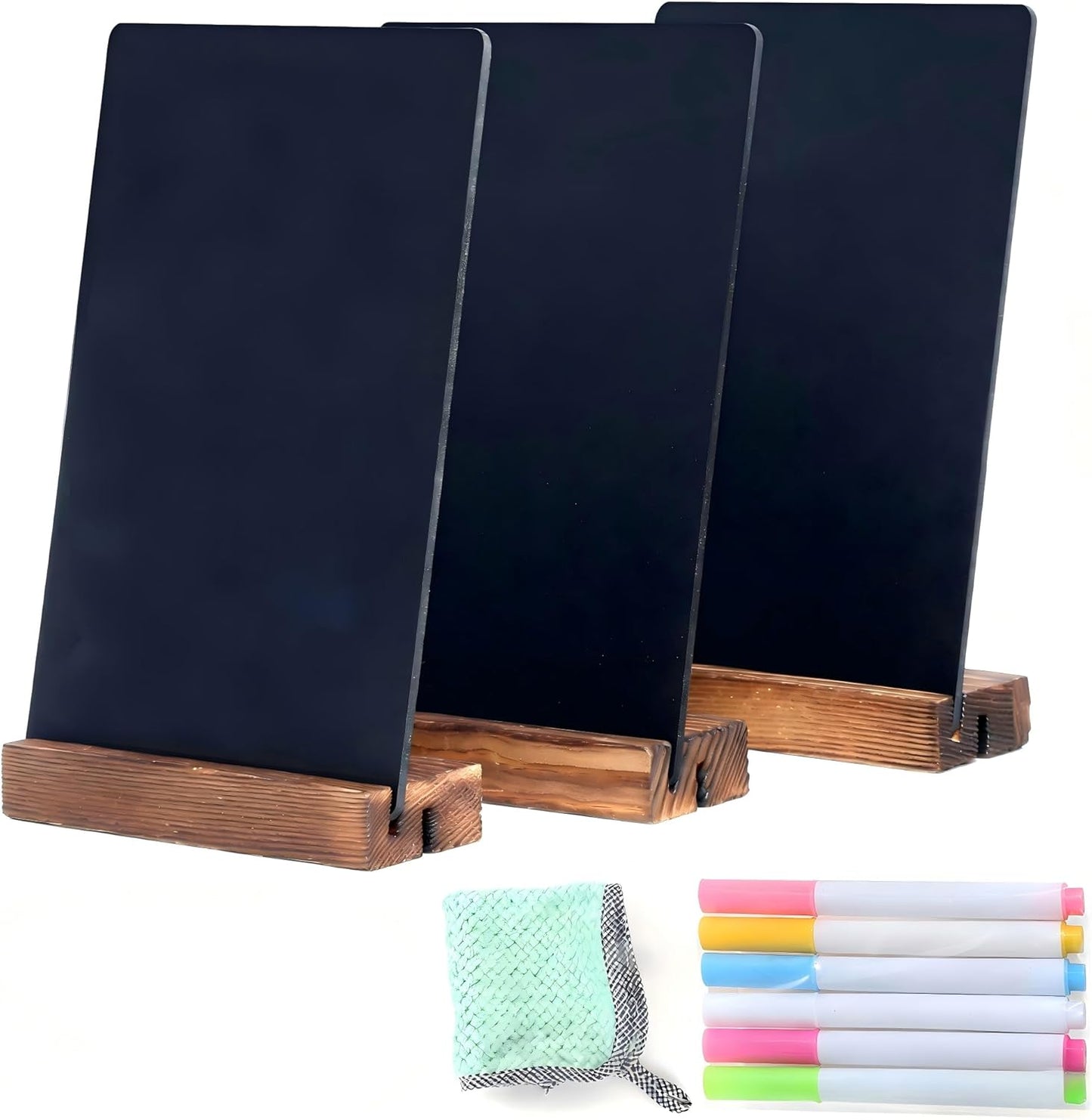 7.9x5.1 Desktop Chalkboard Sign with Wood Base, Message Board Menu Board Chalkboard for Shop Wedding Kitchen Home Party (3 Pack 7.9x5.1)
