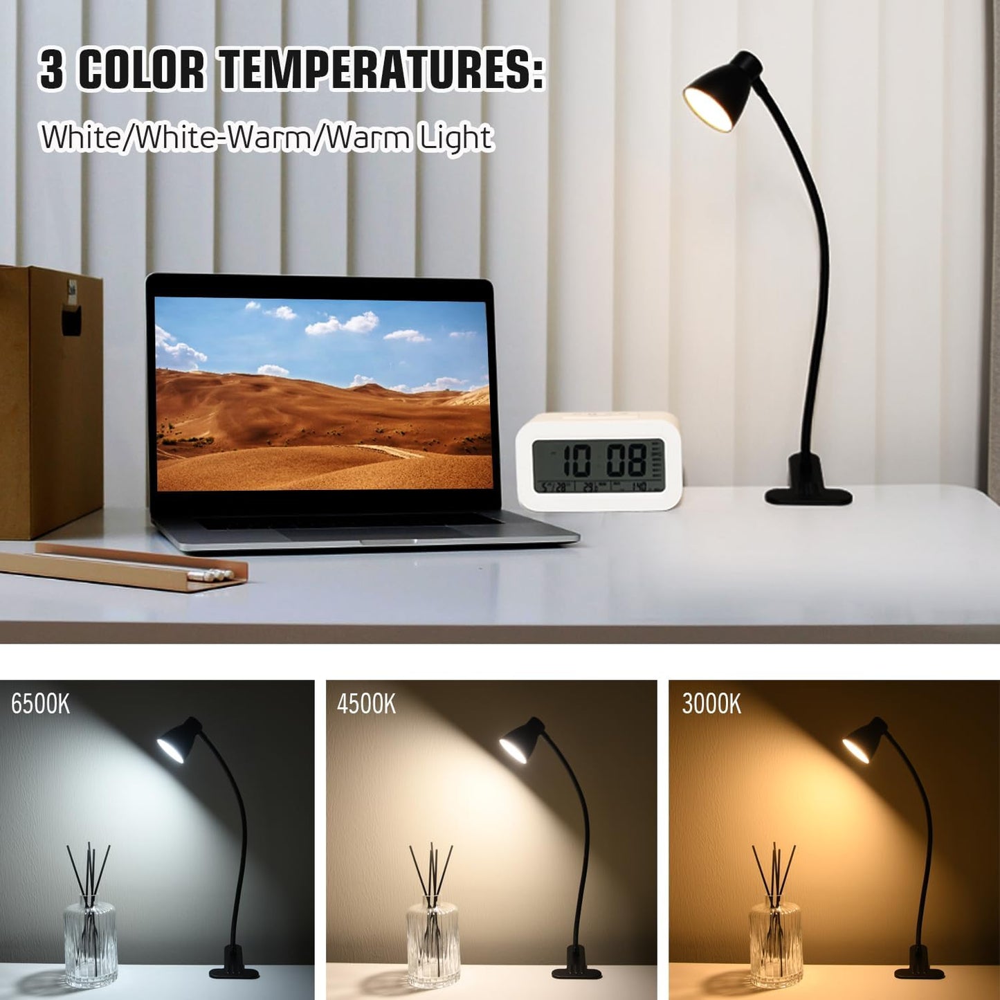 CRI 90+ Eye-Care Clip Light for Reading, 6W Small Clamp Lamp for Desk, Flexible Gooseneck Clip Lamp for Bed Headboard with 3 Color Modes & 10 Brightness(Adapter Include)