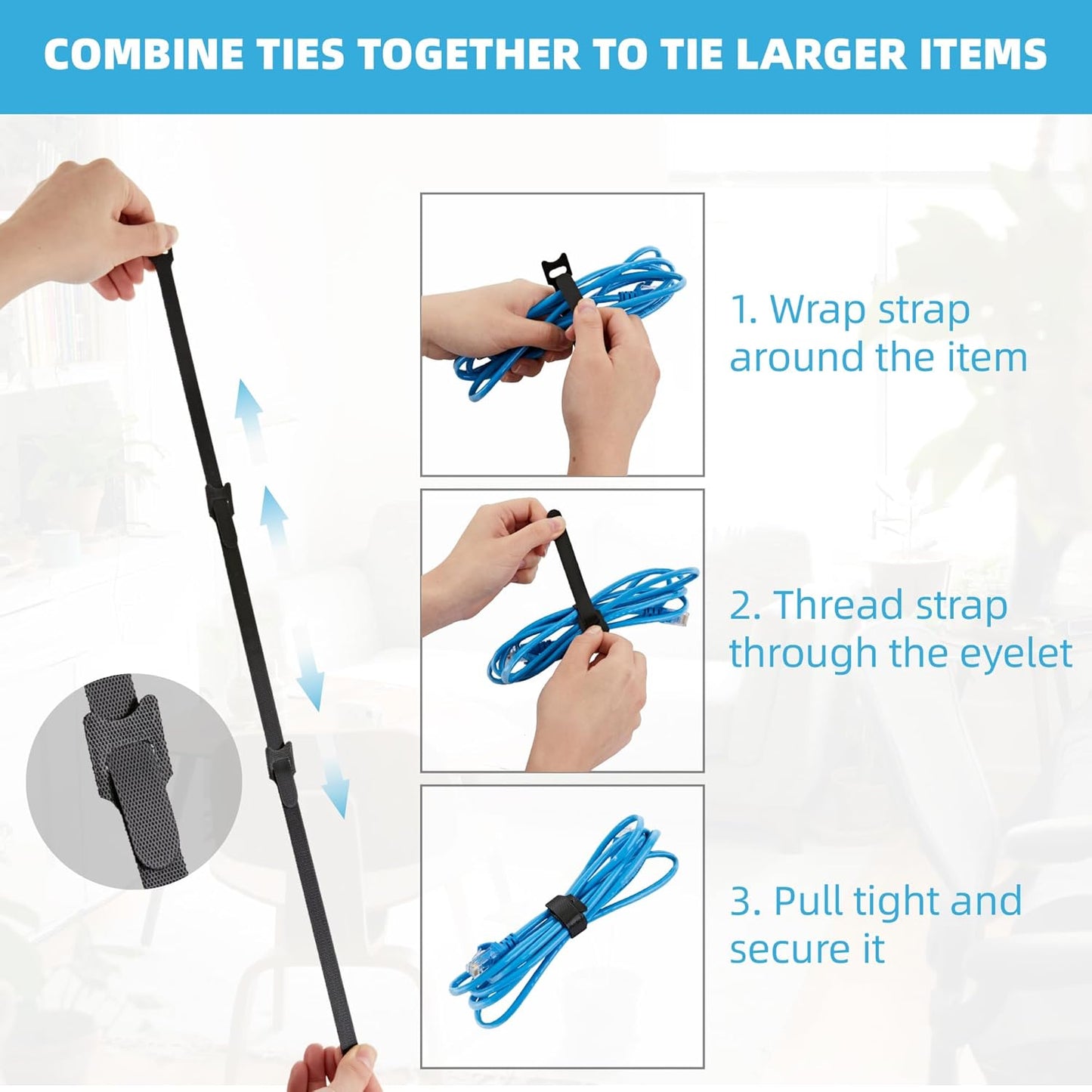 12 Inch Black Cable Ties 50 PCS Reusable Fastening Cable Straps Adjustable Hook & Loop Organizer Straps Cords Management for Home, Office and Data Centers