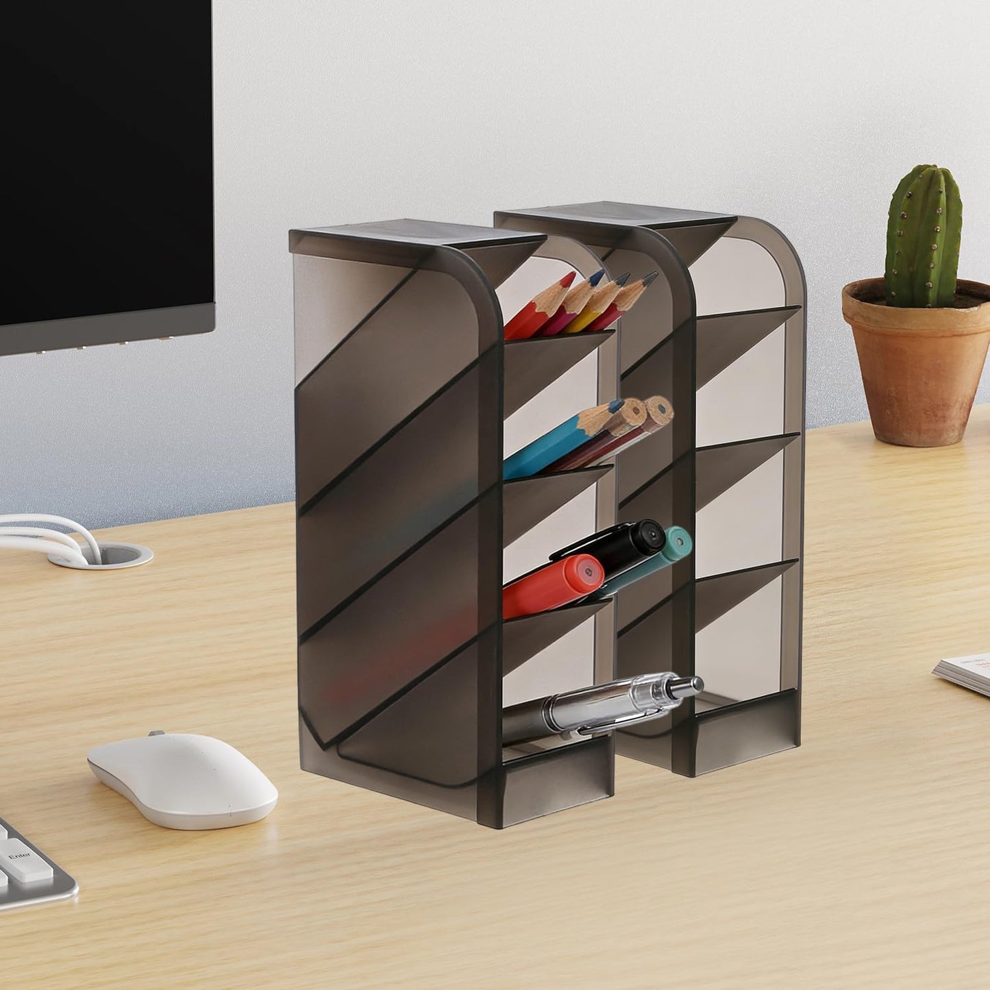 Angled Pen Holder Desk Organizer, 4 Grids Vertical Marker Organizer Pen Display Holder for Desk Stationery Pencil Storage