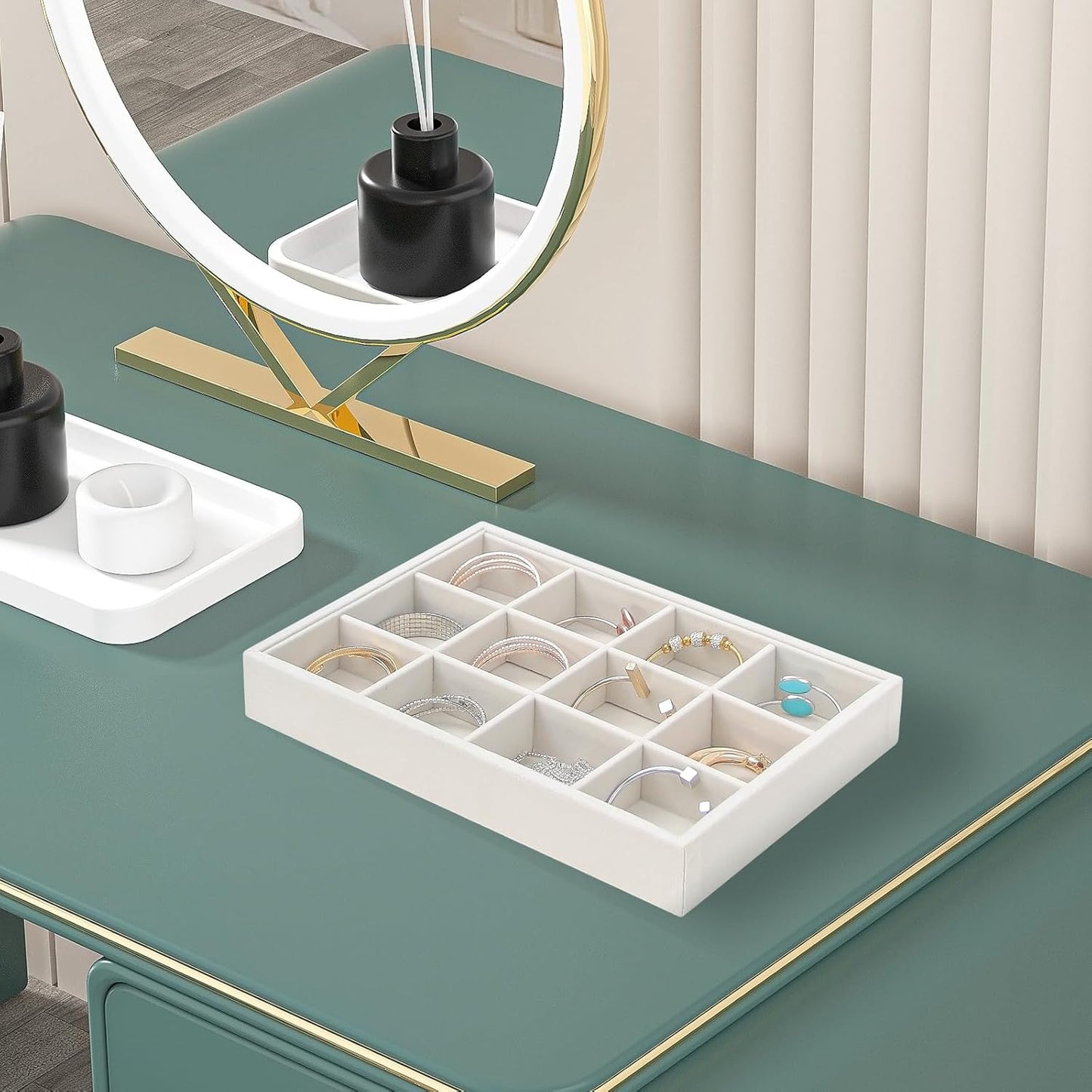 Bedside Organizer - Multi-use Holder for Desk Drawer, Nightstand, Desktop - Catchall Tray for Jewelry, Sunglasses, Phone, Watch, Perfume, Lipstick (Beige 5Grid)
