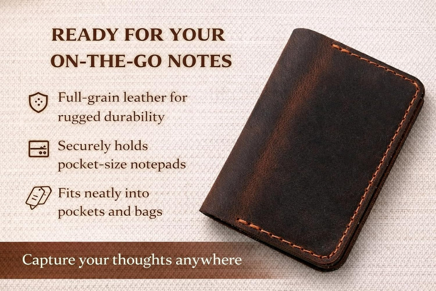 Leather Journal Cover for 2.5 x 4 Inches Pocket Notebooks – Handmade Refillable Mini Notebook Cover – Compatible with Outus, Qeeenar & Similar Small Journals, Travel Memo Pads & Pocket Diaries