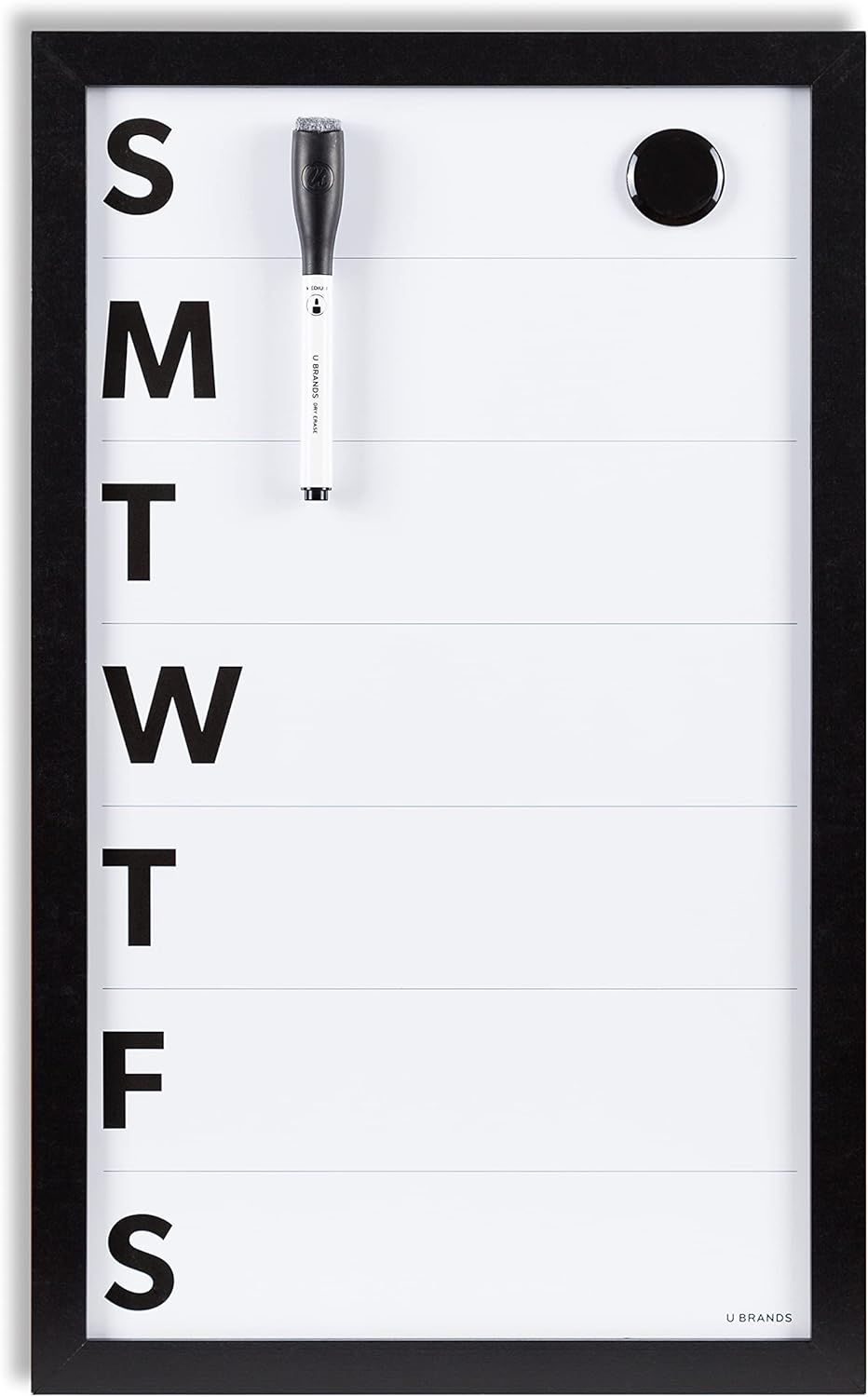 U Brands Framed Magnetic Weekly Calendar Dry Erase White Board, Office Supplies, Black Frame, with Marker, Magnet, 11” x 18”