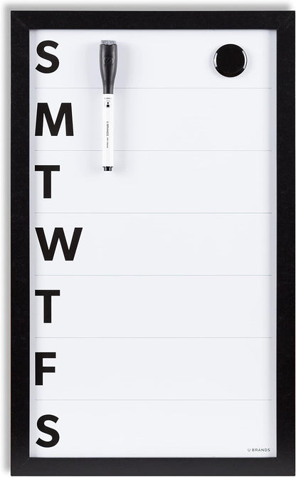 U Brands Framed Magnetic Weekly Calendar Dry Erase White Board, Office Supplies, Black Frame, with Marker, Magnet, 11” x 18”