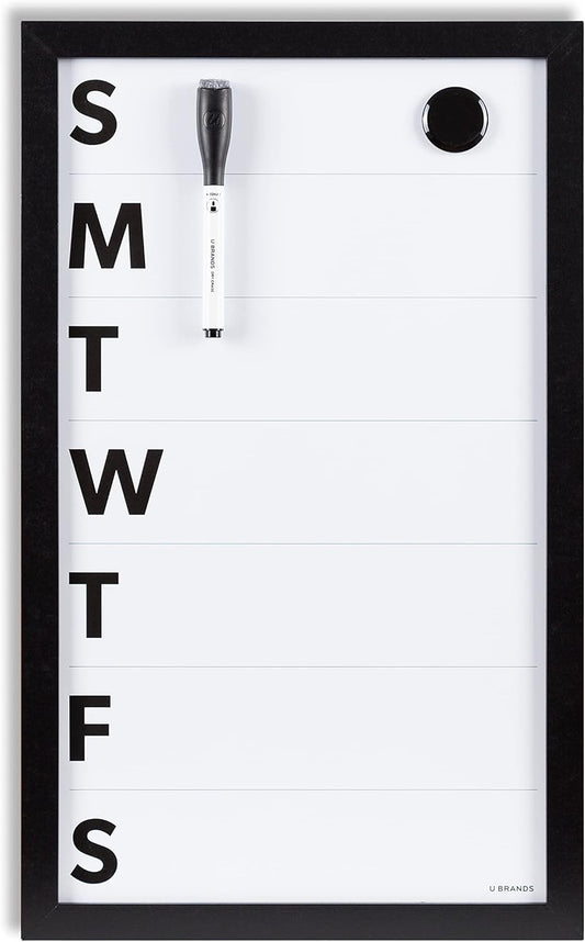 U Brands Framed Magnetic Weekly Calendar Dry Erase White Board, Office Supplies, Black Frame, with Marker, Magnet, 11” x 18”