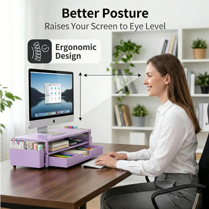 ECOLOVI Desk Organizer and Accessories, 2-Tier Computer Monitor Stand Rise with Storage Drawer & 2 Pen Holders, Laptop & Printer Stand for Desktop, Workspace Organizers for Office Supplies (Brown)