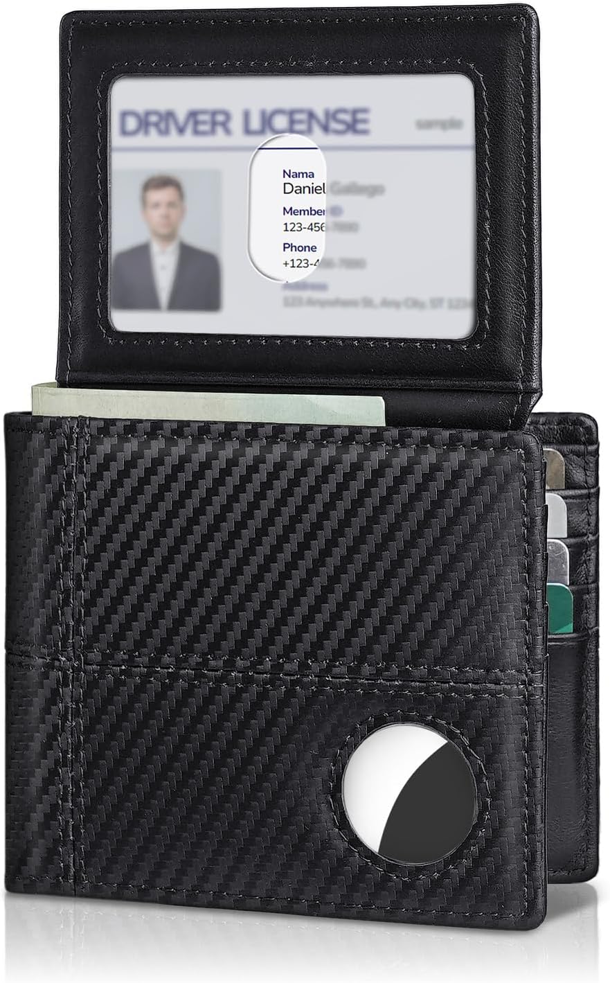 Mens Wallet With AirTag Holder, Bifold Leather RFID Blocking 1-2 ID Windows 12-13 Card Holders, Gift Box and Screen Protector Included, AirTag Not Included