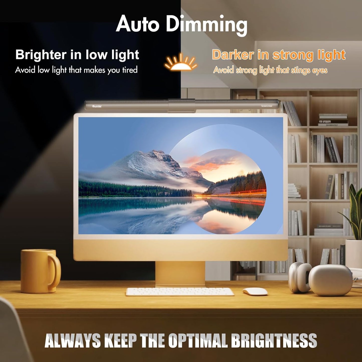 Quntis Monitor Light Bar with Remote, Fit for Curved Monitors/Camera Base, Eye-Care Computer Screen Light Bar, Auto-Dimming Dimmable Work Office Gaming Desk Lamp, Gray